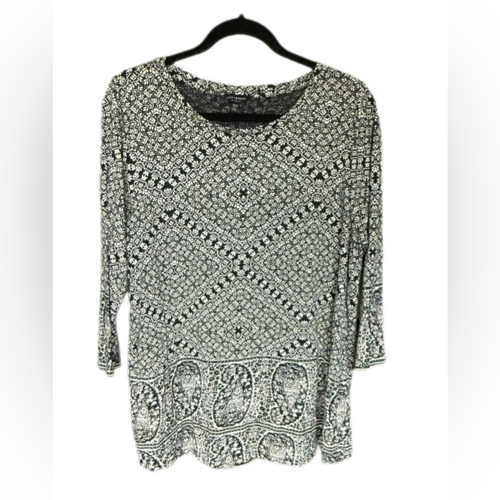 LUCKY BRAND Boho Paisley Print Top Black White 3/4 Sleeve Size 1X